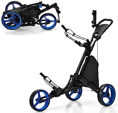 COSTWAY Golf Trolley, 3 Rad Golftrolley, Golfwagen Golf klappbar, Golfcaddy Golf Push Cart aus Aluminum, Golfcaddy mit Schirmhalter, T-Stückhalterung und Aufbewahrungstasche