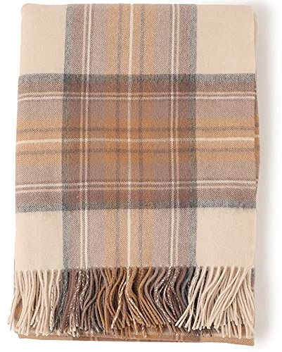 VRBFF Manta escocesa de lana escocesa, manta de tartán grande de lana pura, multiusos, 75 x 55 pulgadas, tamaño de 190 x 140 cm, 5 colors a elegir (caqui)