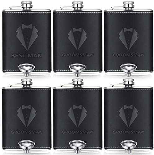 Rtteri Groomsman Gifts Set of 6 Flask for Men 8 oz Groomsman Proposal Gifts Stainless Steel Tuxedo Hip Flask Bachelor Party Favors for Wedding Proposal
