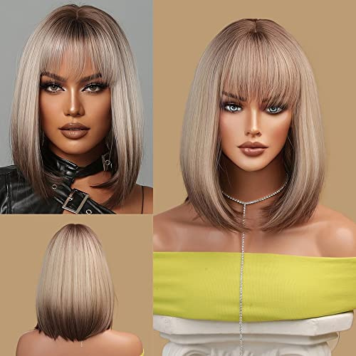 Sapphirewigs Blonde Bob Perücken für Frauen Ombre Perücke mit Bangs Kurze Blonde Bob Haare Tägliche Party Natürlich aussehende 14 inch