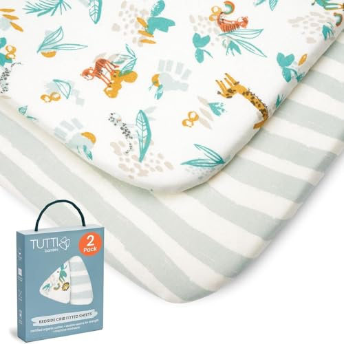 Tutti Bambini Spannbettlaken Beistellbett (2er-Pack) - Atmungsaktiver Bambus-Jersey - Spannbetttuch Weich & doppelt Elastisch Verstärkt - Baby Bettlaken für Matratzen 53×80 bis 60×90 cm (Run Wild)