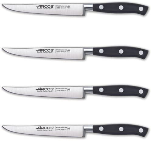 Arcos Serie Riviera - Juego 4 Cuchillos Chuleteros - Hoja de Acero Inoxidable Forjado NITRUM 130 mm - Mango de Polyoxymethylene (POM) Color Negro