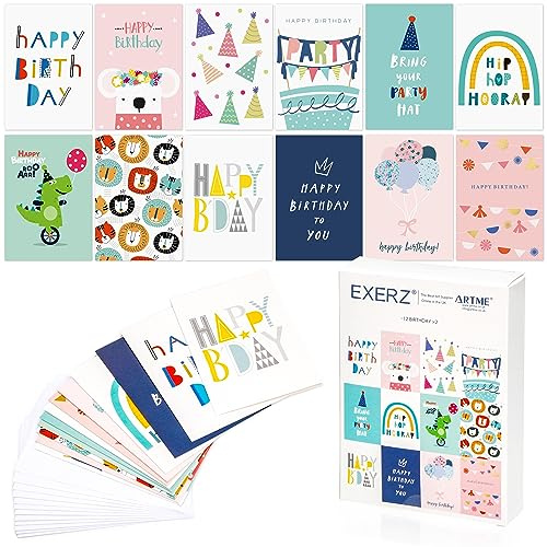 Exerz 24 Biglietti d'Auguri Assortiti Multipack per Compleanno - 12 disegni x2 biglietti di buon compleanno. Adatto a bambini e adulti, ragazzi e ragazze.