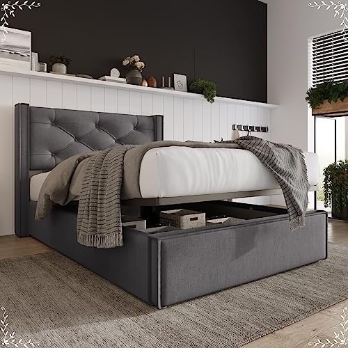 Daesar Einzelbett Jugendbett 90x200 mit Lattenrost, Polsterbett mit Stauraum Bettgestell Metall, Stauraumbett Hydraulisch Modern Funktionsbett Grau Baumwolle