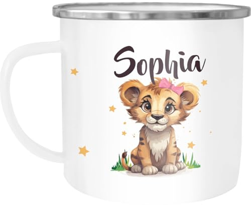 SpecialMe® Kinder-Tasse Emaille Kunststoff Kleiner Baby Löwe Name Namenstasse personalisierte Geschenke Jungen Mädchen Emaille-weiss-silber standard