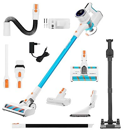 Genius Invictus X7 Facelift Deluxe Aspirateur sans fil avec filtre HEPA, station de charge, lumière LED, aspirateur à main sans sac pour sols durs, tapis, poils d'animaux jusqu'à 60 minutes, 21 pièces