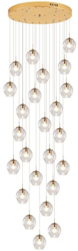 PAZWAHF 24-Licht Kronleuchter für hohe Decken - 400 cm Gold Hängependelleuchte mit Regentropfen Glas für Diele, Treppenhaus, Foyer - Moderne Glas Lüster für Wohnzimmer