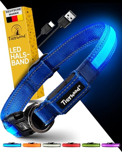 Tierhood Leuchthalsband Hund - LED Hundehalsband Aufladbar - Blau, Größe M | LED Hundehalsband Aufladbar - Langlebig, Wetterfest & Komfortabel - Ideal für Nachtspaziergänge - Schwarz, Größe L