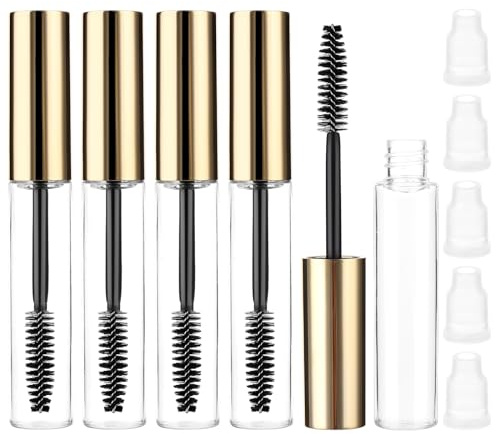 5 Pièces Tubes de Mascara Vides 10ml Bouteille de Mascara Rechargeable avec Brosse à Cils Récipient Transparent Bouteille Tube avec Bouchon Intérieur pour Éviter Fuites (Or)