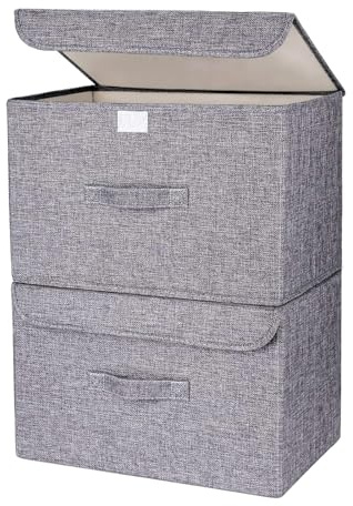 Homsorout Foldable Storage Boxes with Lids - Wardrobe Organiser Bin with Handle Fabric Basket Containers for Clothes, Book, Shelf, Office, Large x2-23.75L, Grey