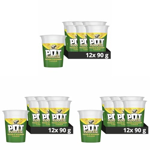 Pot Noodle Chicken & Mushroom Standard Pot Noodle instant vegetarian snack quick to make noodles 12x 90 g (Pack of 3)