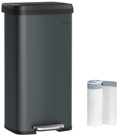 SONGMICS ULTB520G01 Küchen-Mülleimer, Edelstahl, mit offenem Deckel und Trittpedal, Softverschluss, hoch, groß und platzsparend, Anthrazitgrau und Schwarz