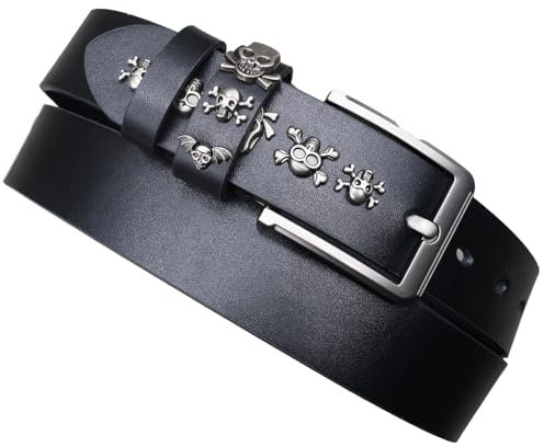 Surrycee Nietengürtel mit verschiedenen Totenkopfnieten, Unisex Schwarzer Punk Gothic Rock Gürtel Echtledergürtel mit Metallschnalle Hip Hop für Jeanshosen, 3,8cm breit,Schwarz,125cm(42~44)