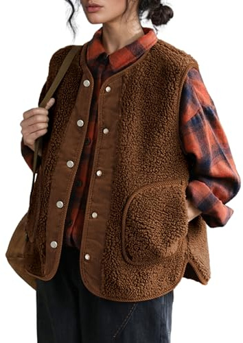QIBABU Womens Fuzzy Fleece Vest Casual Button Down Sherpa Vest Warm Corduroy Sleeveless Jacket with Pockets(2130-Brown-S-QB)