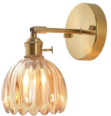 Hnexsei Vintage Wandleuchte mit Goldfinish, verstellbarem Arm und geriffeltem Glasschirm – Wandlampe für Schlafzimmer, Wohnzimmer und Flur – Elegante Wandbeleuchtung (Bernstein, 1er-Pack)