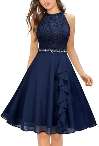 MIUSOL Women's Floral Lace Sequin Belt Halterneck Bridesmaids Party Cocktail Formal Swing Dress (Meidum, Navy Blue)