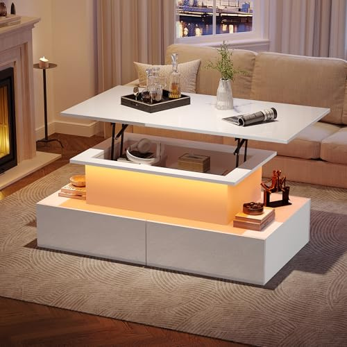 Soweiz Hochglanz-Coffee Table mit Stauraum und LED-Leuchten, Couchtisch, Wohnzimmer-Zentriertisch (Weiß, 90x55x41cm)