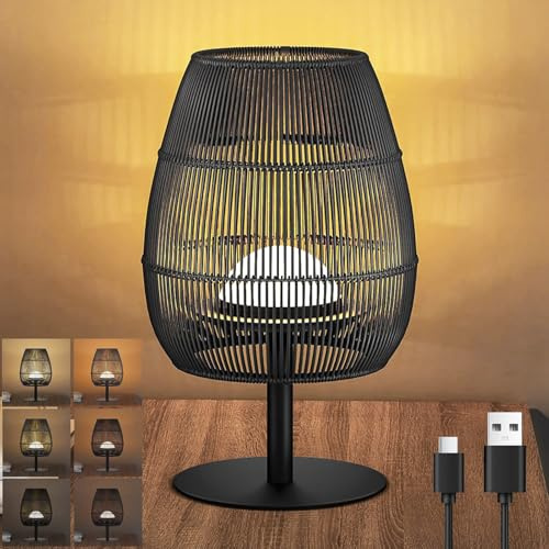 MALUX Lampada da Tavolo Dimmerabile a Batteria, LED, Rattan di Bambù e Legno, Ricaricabile USB con Batteria Senza Fili per Camera da Letto, Soggiorno o Ufficio, Classe Energetica