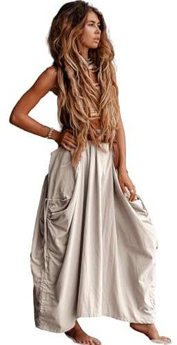 Thaluta Women's Maxi Boho Skirt with Pockets Bohemian Organic Cotton Hippie Gypsy (Ivory)