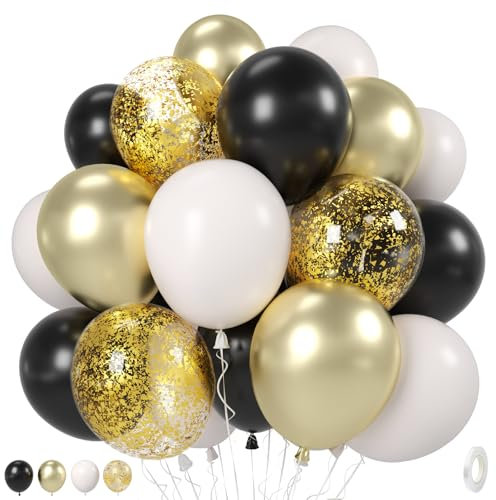 Black White Gold Balloons, 12 Inch 35PCS Black and White Balloon with Metallic Gold Confetti Balloons for Graduation New Years Wedding Retirement Bridal Baby Shower Birthday Party Decorations