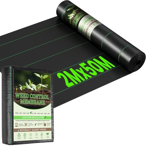 Heavy Duty Weed Control Membrane 2Mx50M,Durable&Air and Water Permeability Weed Suppressant Membrane, Effectively Control Weeds, Woven Roll Ground Cover for Patios, Garden, Flower beds, Landscaping