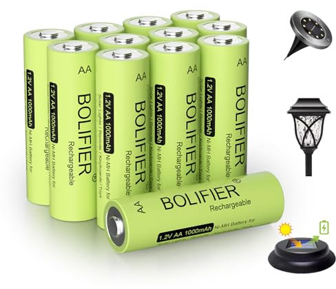 BOLIFIER Rechargeable AA Battery for Outdoor Solar Lights, 12 Pack 1.2V NiMH 1000mAh Pre-Charged Double A Solar Battery for Garden Landscaping Outdoor Solar Lights (AA 1000mAh Pack 12)