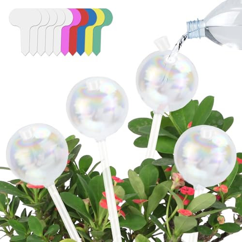 KXVXXV Bewässerungskugeln Wasserspender Pflanzen Bewässerung Zimmerpflanzen 4 Stück Glas Bunte Selbstbewässerung mit 10 Pflanzenetiketten für Garten, Balkon, Topfpflanzen, Blumen