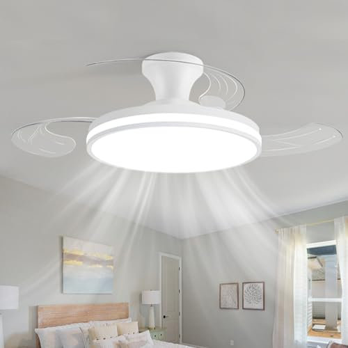 ZOMLBOF Ventilador De Techo Con Luz Y Mando A Distancia, Reversibile 6 Velocidades Ceiling Fan With Light Regulable Silencioso Aspas De Ventilador Retráctiles, Blanco 42IN