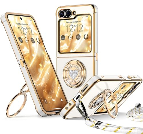 XYZ für Samsung Galaxy Z Flip 5 / Flip 6 Hülle mit Band, Weiß | Herzen Doppelring Ständer HandyHülle, Frauen Mädchen Dünn Stoßfeste Case mit Handykette, Anti Kratzt SchutzHülle