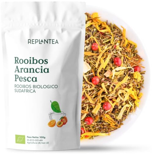 ROOIBOS ARANCIA E PESCA BIO 100g (50 Tazze) | Rooibos Fruttato Ideale per un Tè Freddo Senza Caffeina e Senza Zucchero REPLANTEA