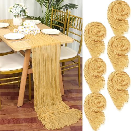 YMHPRIDE Lot de 6 Chemins de Table en étamine en Or, 55 x 300cm en Tissu de Gaze Rustique,Or décoration de Table de Mariage Nappe pour fête de Douche Nuptiale décorations de Table