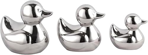 Set of 3 Silver Ceramic Mini Duck Figurines, Handmade Artware Animal Ornaments for Home & Office Décor, 30 cm