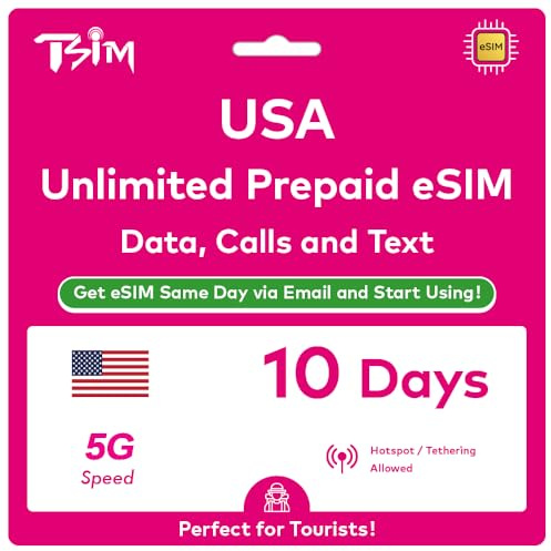 USA eSIM 10 Tage. Unbegrenzte High-Speed-Daten, lokale Anrufe & SMS in den USA (Hawaii inklusive). Kein Warten auf ein Paket erforderlich! eSIM noch am selben Tag per E-Mail erhalten und sofort nutzen