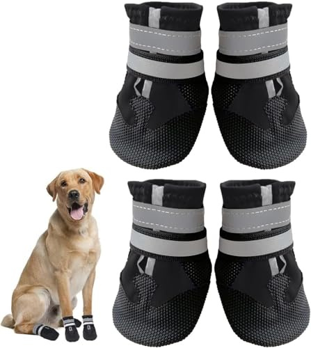 Dricar Scarpe per cani, set di 4 stivali per cani per zampe ferite, impermeabili, antiscivolo, per camminare, protezioni per zampe con cinghie riflettenti, per cani di taglia media e grande, nero, XL