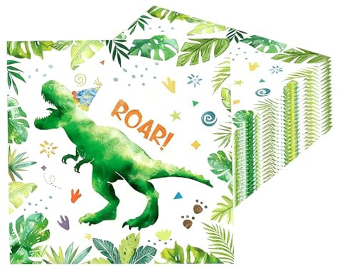 Nymora 20 Serviettes Dinosaure, Serviettes Dinosaure pour Anniversaire d’Enfant, 33x33 cm Serviettes Imperméables Design Animaux de la Forêt pour Décoration