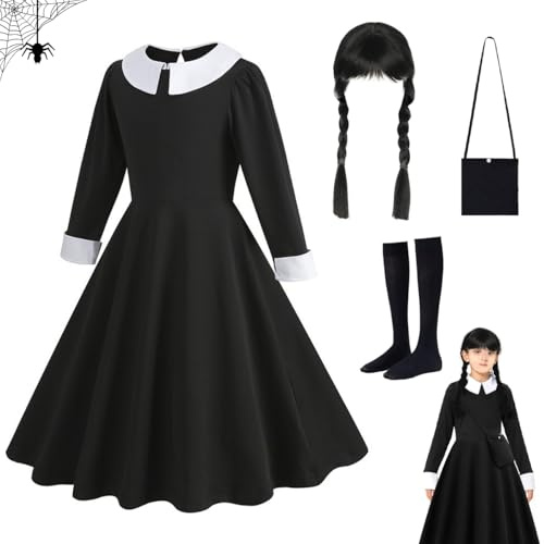 GTJEOI mercoledì Costume Bambini Set, Vestito Karneval Mercoledi per Bambini con Parrucca Calzino e Borsa, Vestito Karneval Bambina, Costume Karneval Bambina Donna