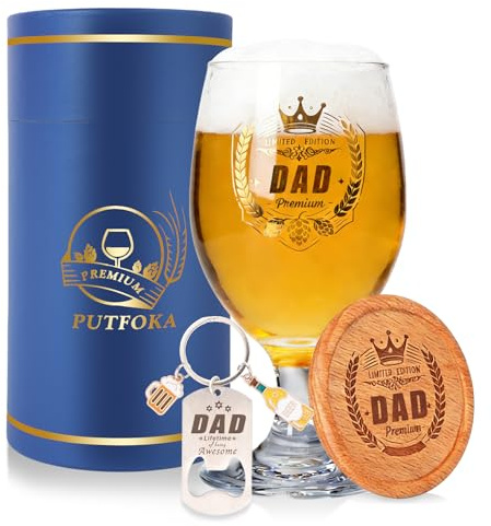 Putfoka Father's Day Gift Birthday Gifts for Dad, 410ml Personalised Beer Glass Gifts for Men, Presents for Dad Gift from Daughter Son, Suitable for BBQs, Birthday Parties and Christmas Celebrations