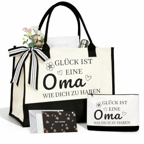 PIujsym Oma Geschenk Tasche Set, 3er Jutetasche Einkaufstasche mit Kosmetiktasche und Karte, Geschenk für Oma zum Geburtstag, Muttertagsgeschenk, Geschenke für Oma, Handtasche Großmutter