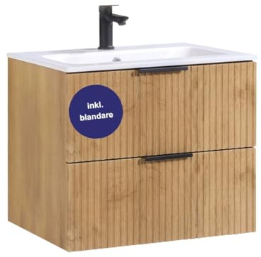 Kometmöbel Meuble Vasque 60 cm pré-monté Lavabo avec Meuble Salle de Bain (Chêne rainuré 60 cm, avec mitigeur Noir)
