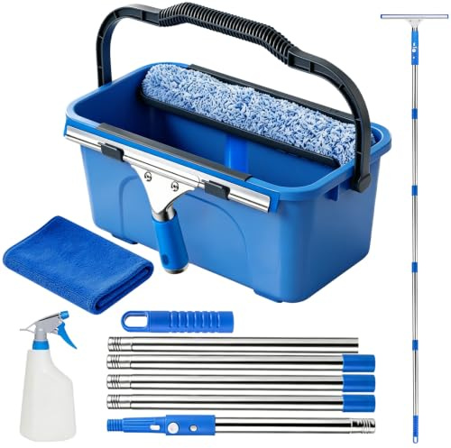 Professional Window Cleaning Equipment with 3Gal/12L Bucket, 35cm Window Squeegee & 37cm Scrubber with 200cm/6.5FT Long Handle, Spray Bottle, Cloth, Window Cleaning Kit for Commercial & Household Use