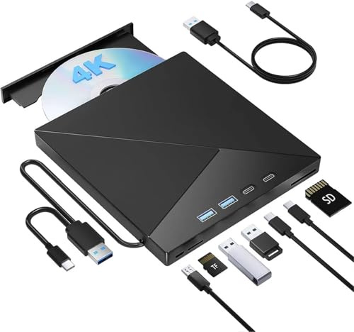 Lecteur Blu-Ray Externe 4K, Lecteur CD DVD +/-RW, graveur Portable, Optique avec Ports USB 3.0 Type-C, emplacements for Cartes SD et TF