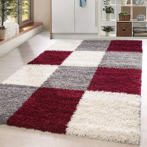 HomebyHome Hochflor Teppich Shaggy kariert 80x150 cm Rot, weich & flauschig, modernes Karo Design, rechteckig, ideal für Flur oder Kinderzimmer, stilvoll & gemütlich