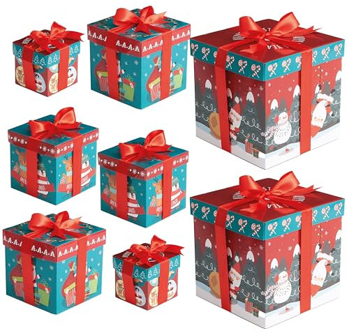 THE TWIDDLERS Geschenkbox Set 8-teilig für Weihnachten - Geschenkkartons mit Schleife in 4 Größen (18/15/13/10 cm) - Wiederverwendbare Geschenkboxen mit Band