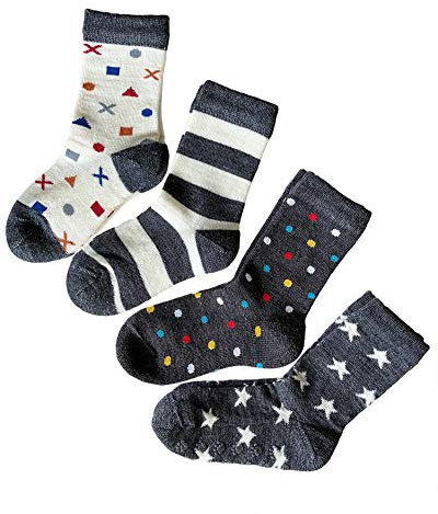 vitsocks Kinder Wollsocken MERINO WOLLE warme Socken (4 PAAR) Jungen Mädchen Merinowolle Kindersocken Wintersocken Thermosocken, multipack1 gemustert, 27-30