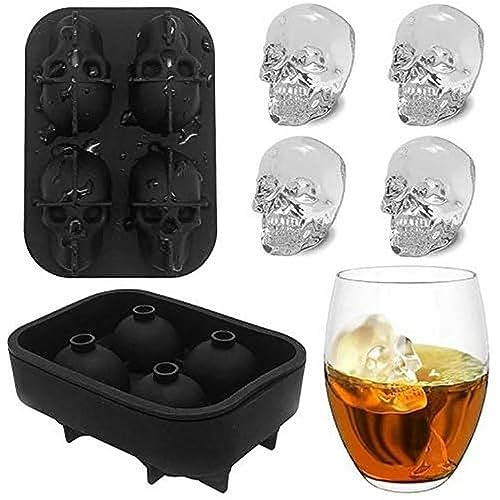 FLZONE 4 Gitter 3D Totenkopf Silikon Eiswürfelform,lustiger Eisschädel für Whiskey,Cocktails,Likör und Saft Getränke mit Mini-Trichter