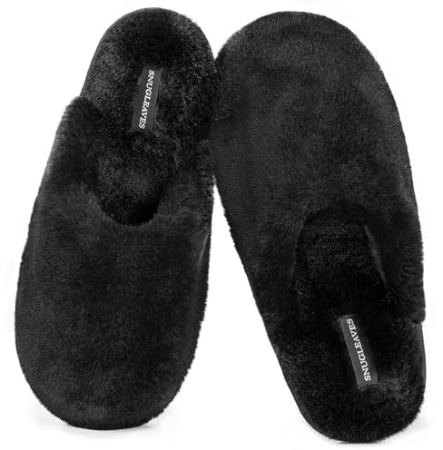 Snug Leaves Women's Fuzzy Scuff Slippers Soft Comfy Memory Foam Non-slip Indoor House Shoes (Black, Size 7-8)