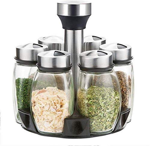 Carrusel de especias, juego de especias giratorio, estante para especias de acero inoxidable con 6 frascos de vidrio para especias,