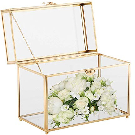 Homtone Golden Vintage Glas Kartenbox, Geschenkkarten Box Terrarium für Hochzeitsempfang/Geburtstagsparty/Wunschgut/Andenken (25.5 * 19.5 * 14.5cm)