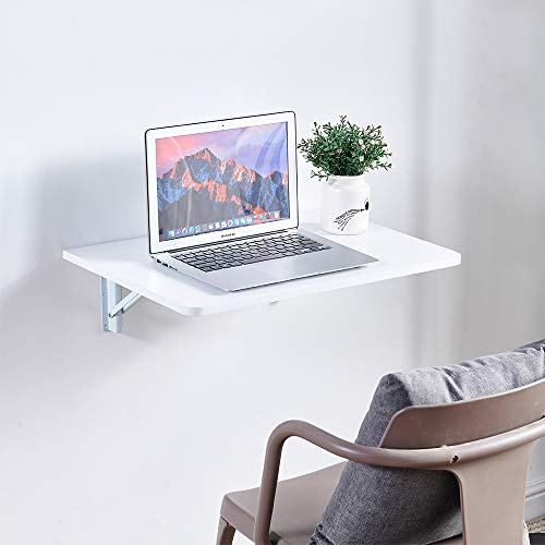 Urkitd Wall Mounted Folding Table, Drop Leaf Wall Shelf, Floating Foldable Table, Mounted Desk for Small Spaces, Wooden Space Saving Hanging Table for Study Bedroom Laundry Balcony Kitchen, White
