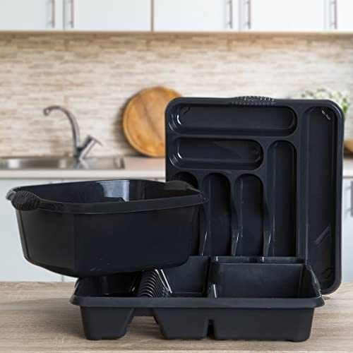 Set of 3 Large Rectangular Washing Up Bowl with Dish Drainer & Cutlery Tray for Kitchen utensils (Midnight Greyish Or Dark Grey)